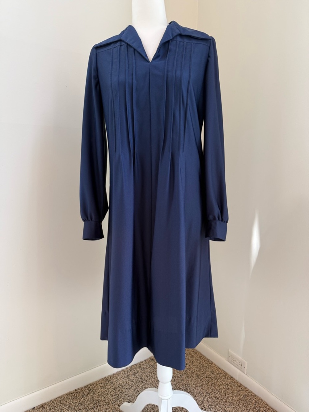Vintage Navy Long-Sleeve Pleated Midi Dress